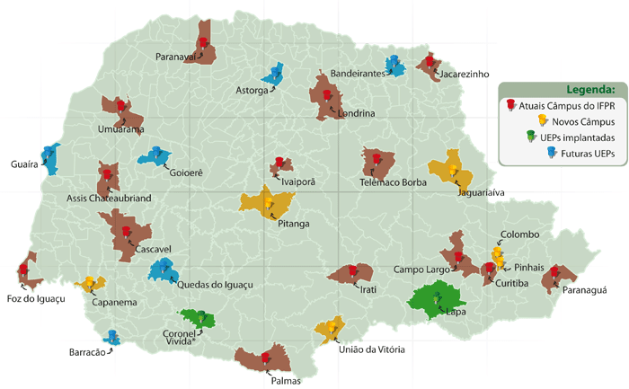 Mapa do Paraná com a localização dos municípios que possuem uma unidade do IFPR